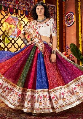 Multicolor Thread Embroiderey With All Over Mirror Work Georgette Navratri Lehenga Choli Set