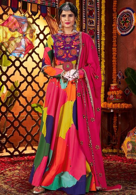 Multicolor Thread Embroiderey With All Over Mirror Work Maslin Navratri Lehenga Choli Set