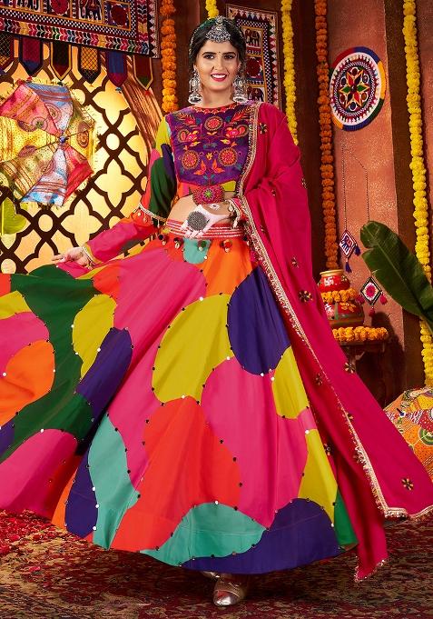 Multicolor Thread Embroiderey With All Over Mirror Work Maslin Navratri Lehenga Choli Set