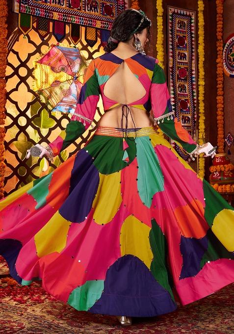 Multicolor Thread Embroiderey With All Over Mirror Work Maslin Navratri Lehenga Choli Set