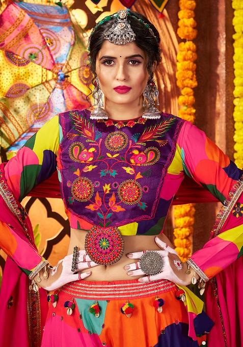 Multicolor Thread Embroiderey With All Over Mirror Work Maslin Navratri Lehenga Choli Set
