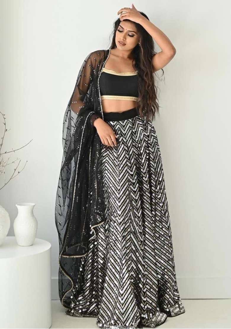 Black Georgette Lehenga Choli Set with Embroidery for Diwali | Wedding & Festive Wear - Indya