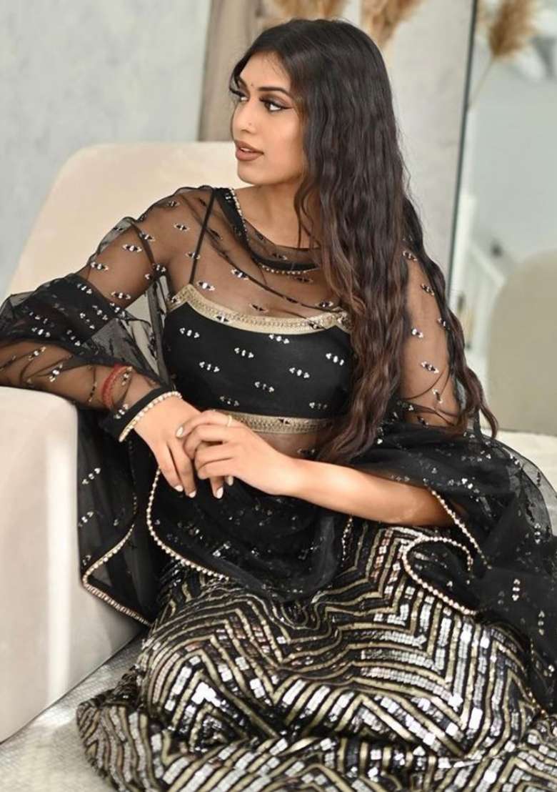 Black Georgette Lehenga Choli Set with Embroidery for Diwali | Wedding & Festive Wear - Indya