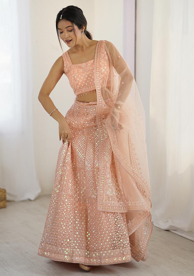 Peach Embroidery Net Lehenga Choli Set - Indya