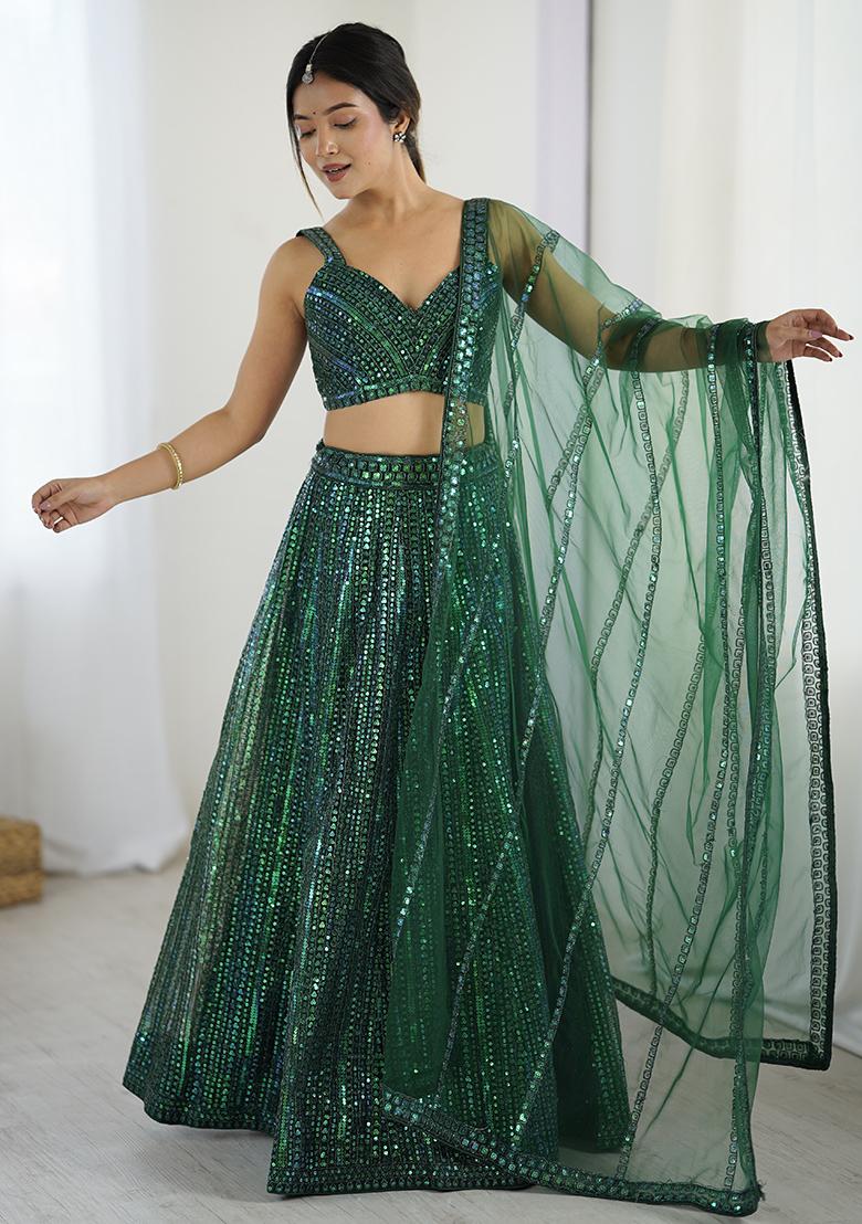 Green Embroidery Net Lehenga Choli Set