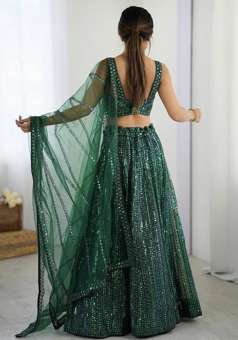 Green Embroidery Net Lehenga Choli Set