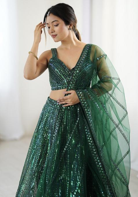 Green Embroidery Net Lehenga Choli Set