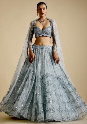 Grey Embroidery Net Lehenga Choli Set