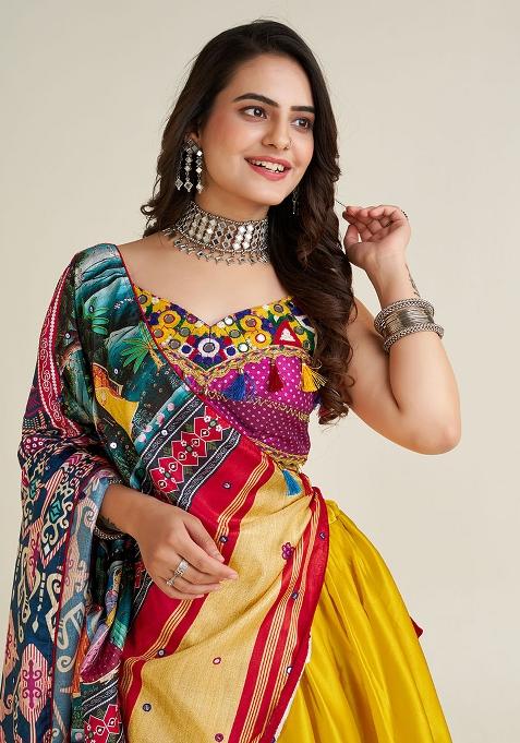 Yellow Embroidery Silk Lehenga Choli Set
