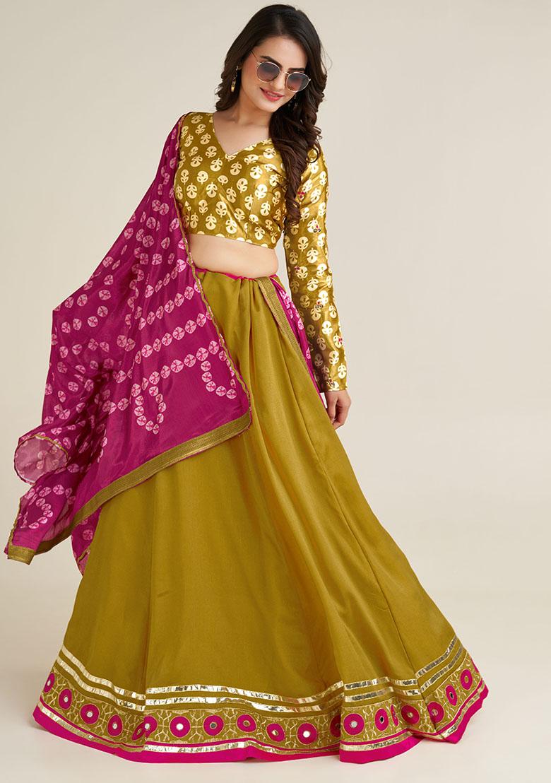Mustard Embroidery Silk Lehenga Choli Set - Indya