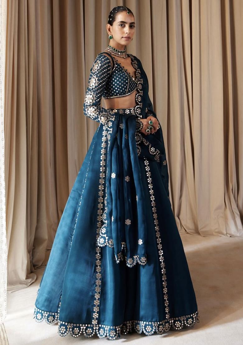 Navy Blue Embroidery Silk Lehenga Choli Set - Indya
