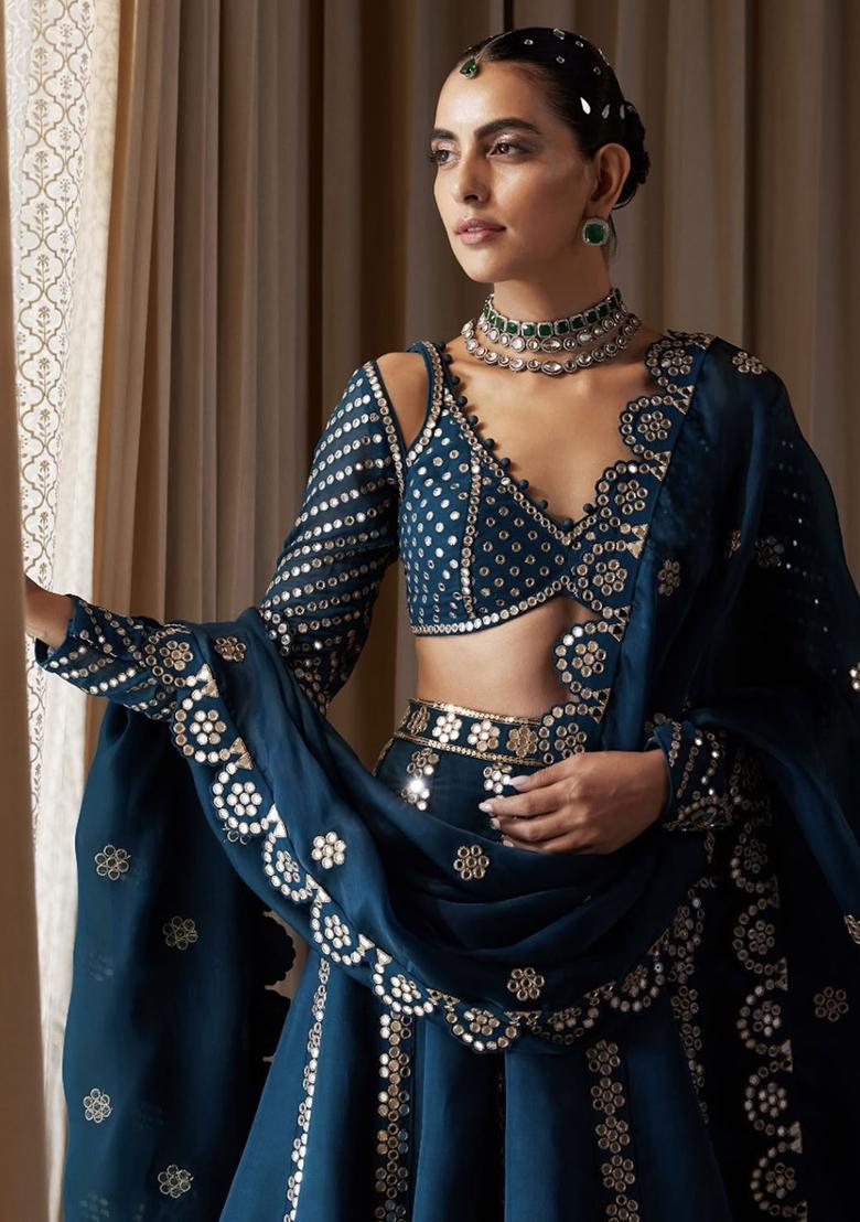 Navy Blue Embroidery Silk Lehenga Choli Set