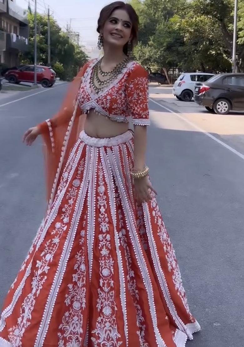 Orange Embroidery Silk Lehenga Choli Set - Indya