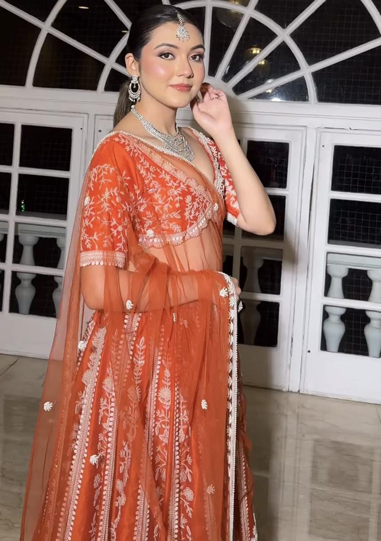 Orange Embroidery Silk Lehenga Choli Set - Indya