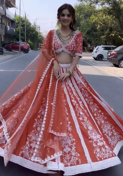 Orange Embroidery Silk Lehenga Choli Set