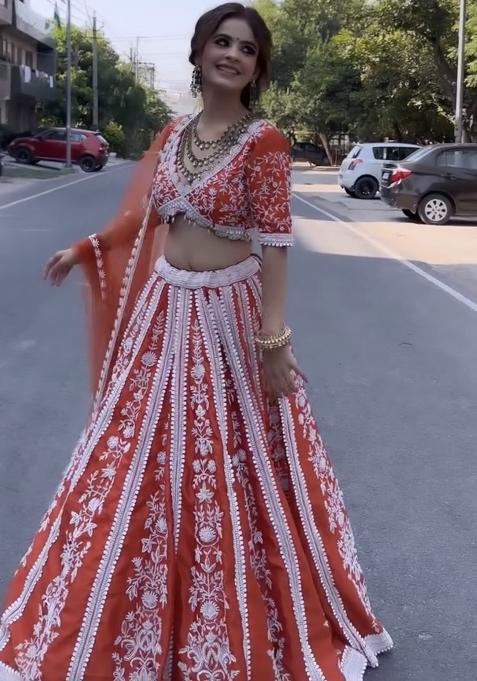 Orange Embroidery Silk Lehenga Choli Set