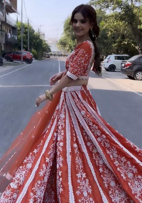 Orange Embroidery Silk Lehenga Choli Set