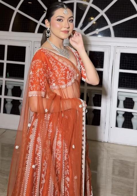 Orange Embroidery Silk Lehenga Choli Set