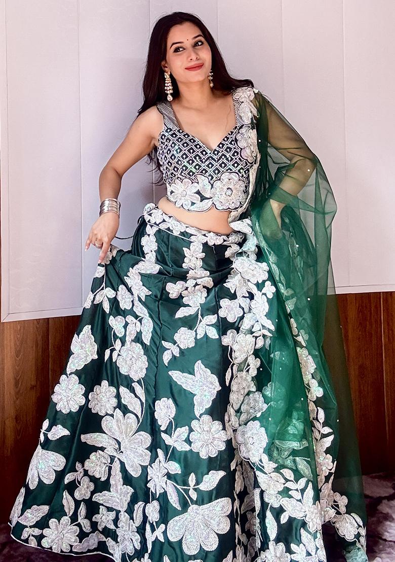 Green Embroidery Georgette Lehenga Choli Set - Indya