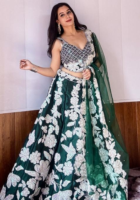 Green Embroidery Georgette Lehenga Choli Set