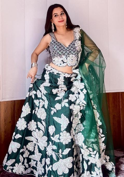 Green Embroidery Georgette Lehenga Choli Set