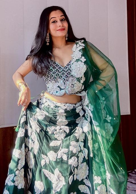 Green Embroidery Georgette Lehenga Choli Set