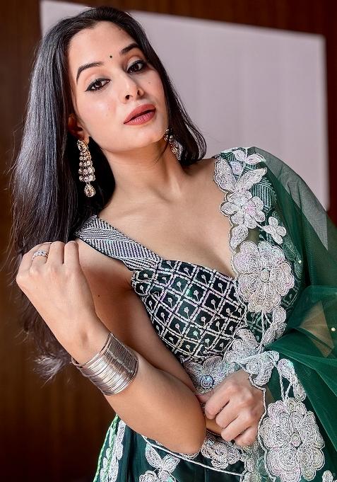 Green Embroidery Georgette Lehenga Choli Set