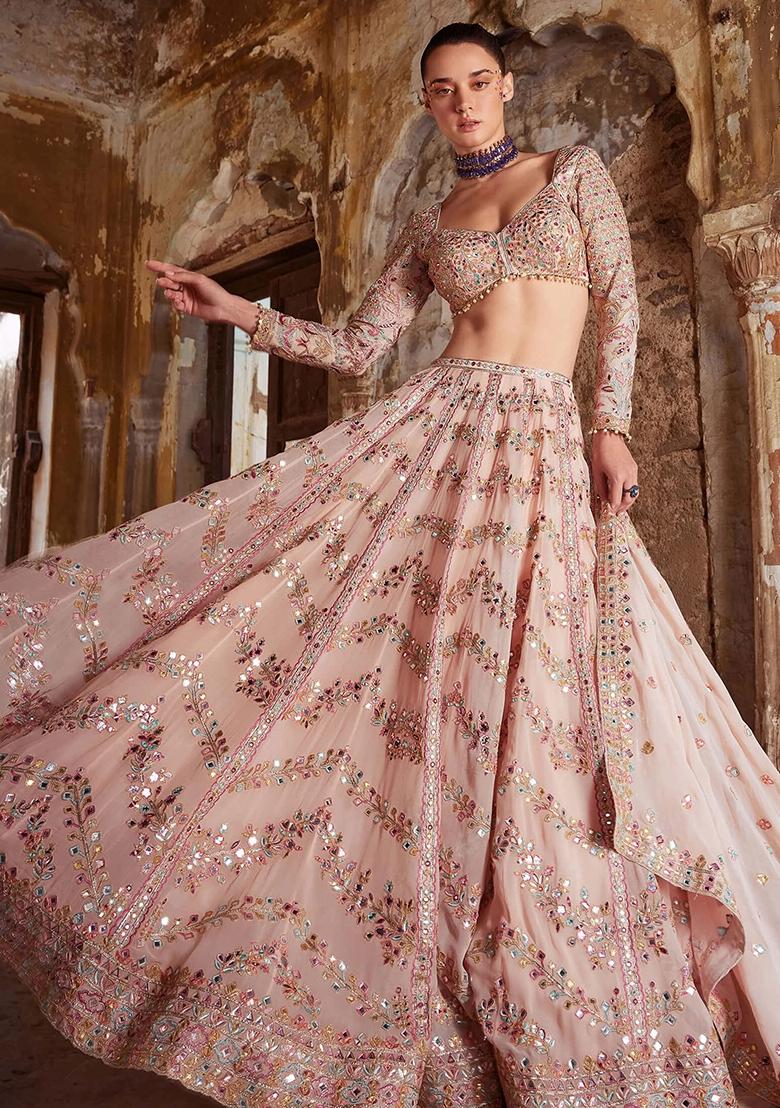 Peach Embroidery Georgette Lehenga Choli Set - Indya