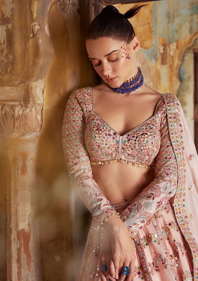 Peach Embroidery Georgette Lehenga Choli Set - Indya