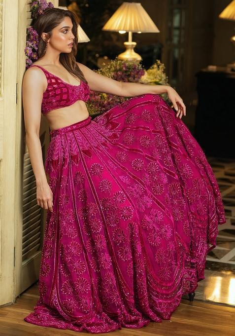 Pink Embroidery Silk Lehenga Choli Set