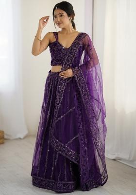 Purple Embroidery Net Lehenga Choli Set