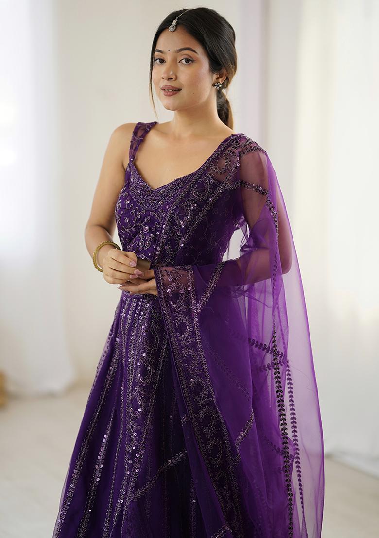 Purple Embroidery Net Lehenga Choli Set - Indya