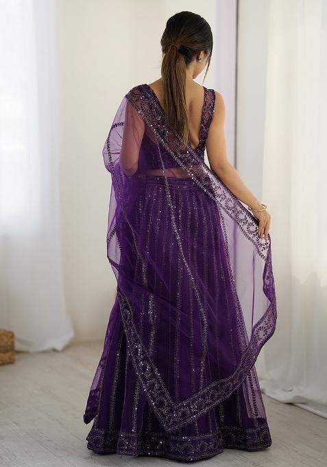 Purple Embroidery Net Lehenga Choli Set