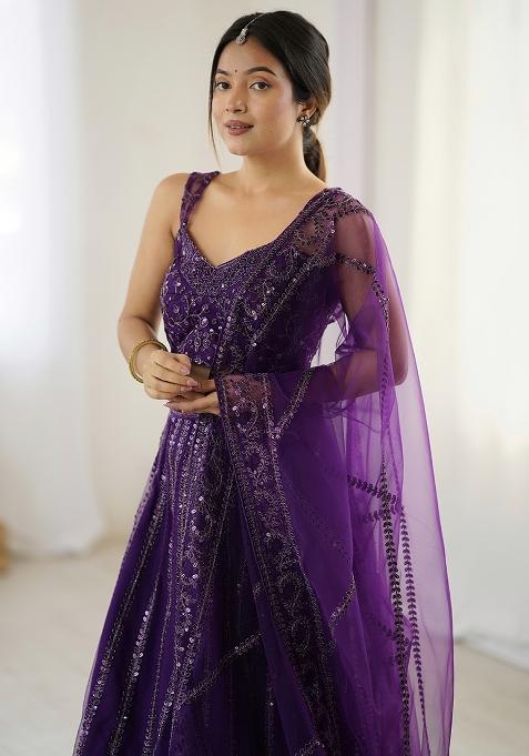 Purple Embroidery Net Lehenga Choli Set