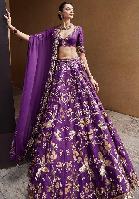Purple Embroidery Silk Lehenga Choli Set