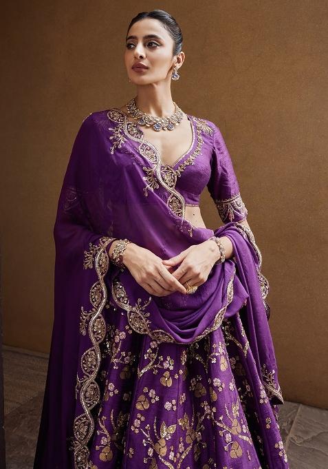 Purple Embroidery Silk Lehenga Choli Set