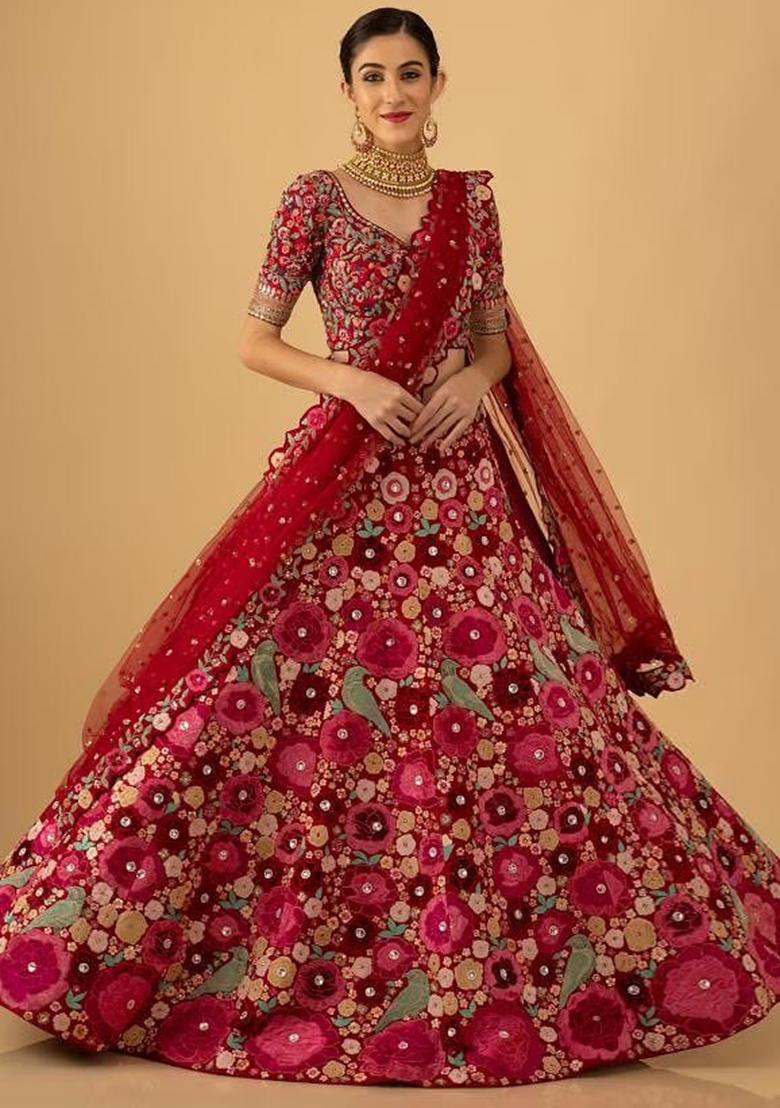 Red Embroidery Velvet Lehenga Choli Set - Indya