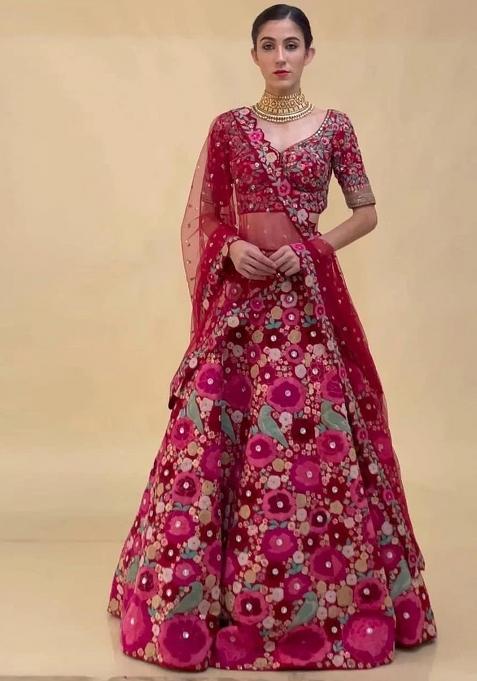 Red Embroidery Velvet Lehenga Choli Set