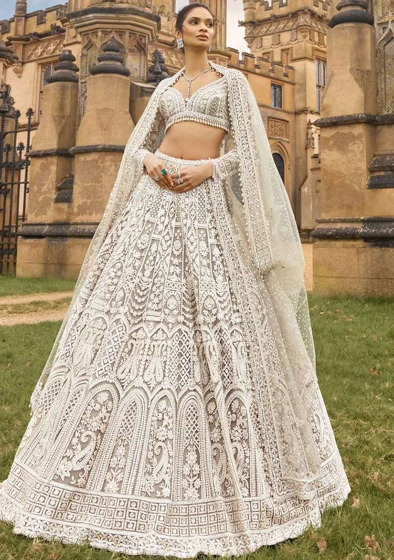White Net Lehenga Choli Set with Embroidery for Diwali | Wedding & Festive Wear - Indya