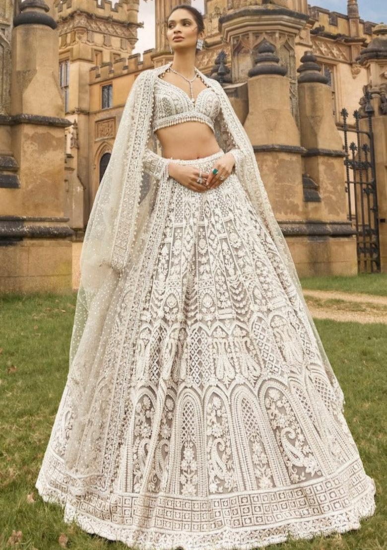 White Embroidery Net Lehenga Choli Set - Indya
