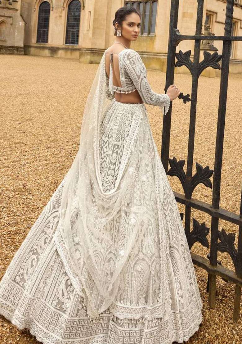 White Net Lehenga Choli Set with Embroidery for Diwali | Wedding & Festive Wear - Indya