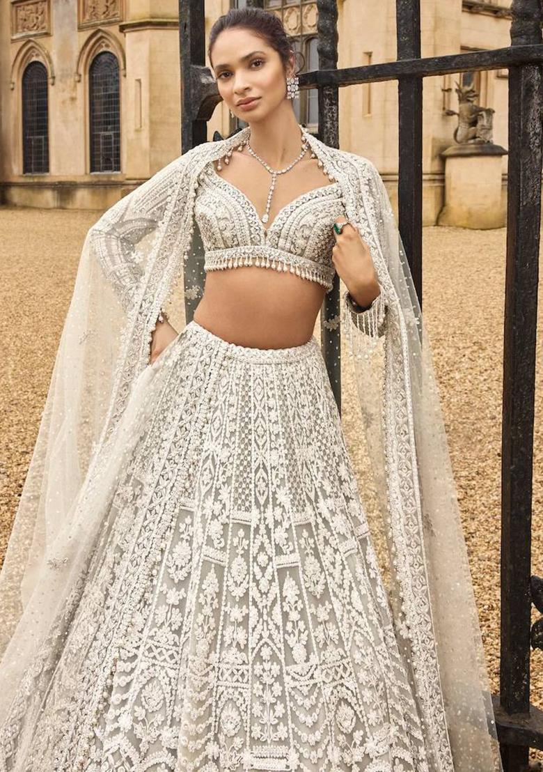 White Embroidery Net Lehenga Choli Set - Indya