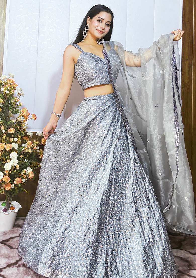 Silver Embroidery Silk Blend Lehenga Choli Set for Diwali and Festive Wear - Indya