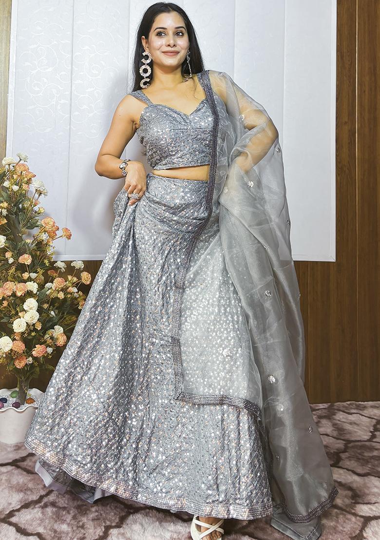 Silver Embroidery Silk Lehenga Choli Set - Indya