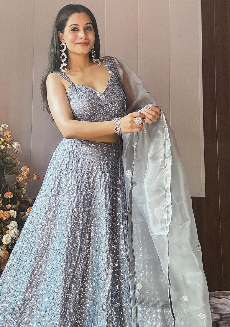 Silver Embroidery Silk Lehenga Choli Set - Indya