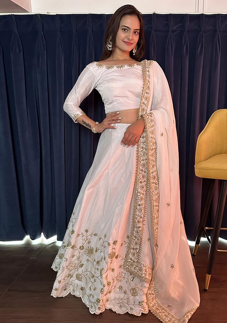 White Embroidery Silk Lehenga Choli Set - Indya
