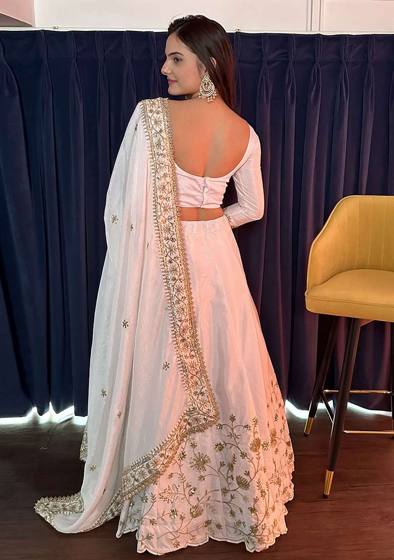 White Silk Blend Lehenga Choli Set with Embroidery for Diwali | Wedding & Festive Wear - Indya