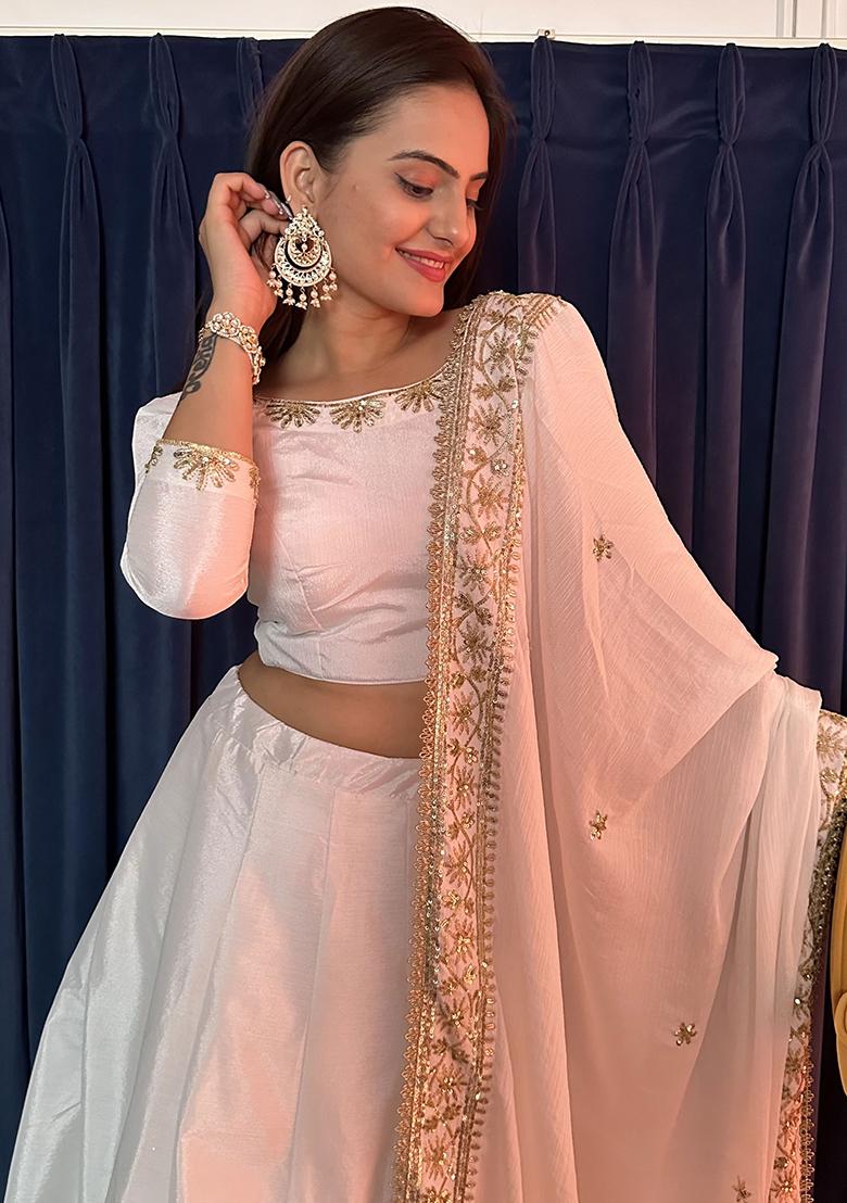 White Embroidery Silk Lehenga Choli Set - Indya