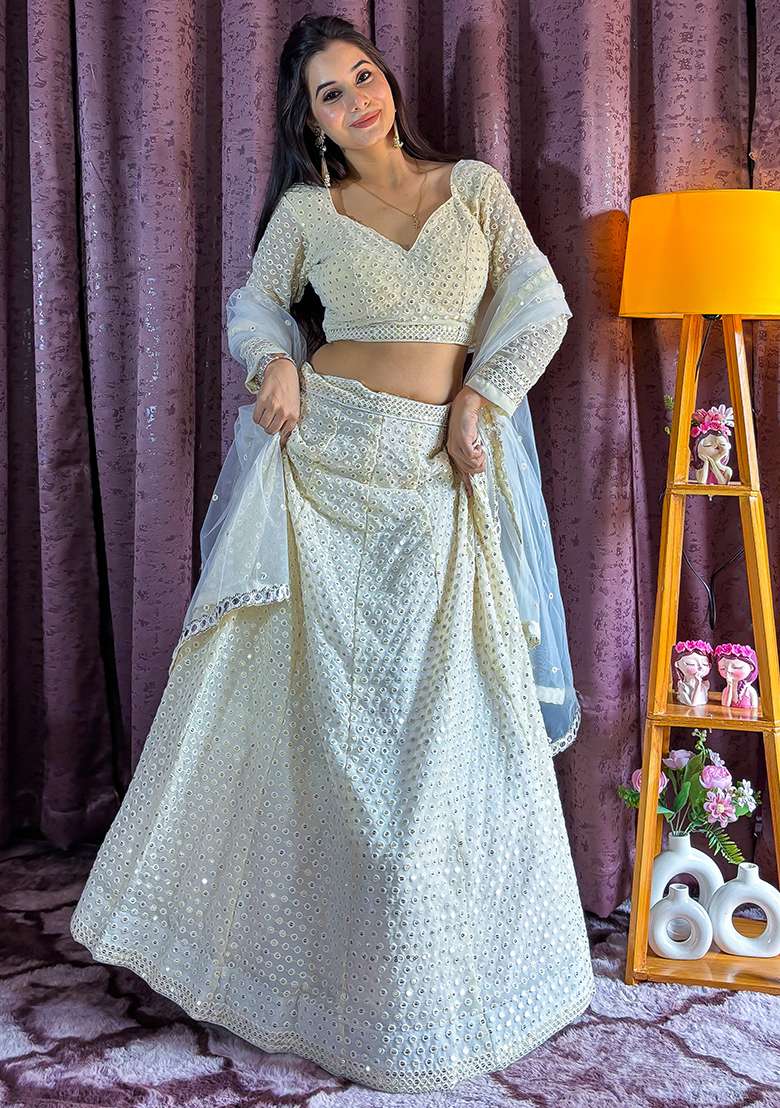 White Embroidery Georgette Lehenga Choli Set for Diwali and Festive Wear - Indya