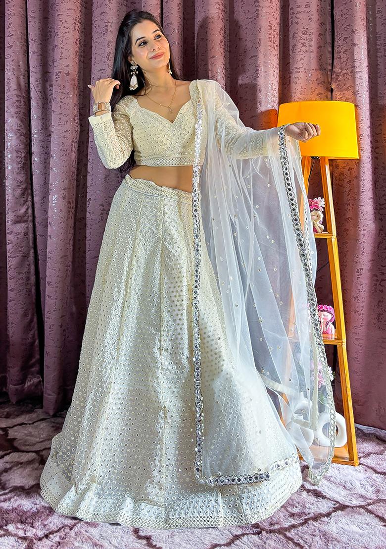 White Embroidery Georgette Lehenga Choli Set - Indya